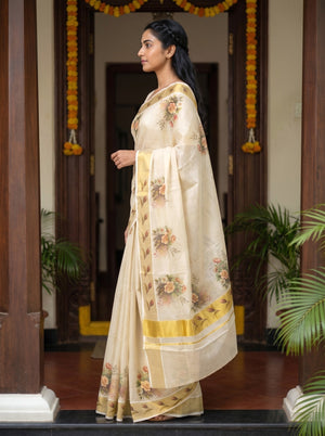 Tissue Cream Rose Bouquet Print Onam Special Kerala Saree with Golden  Border
