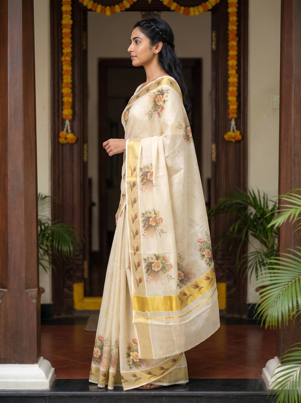 Tissue Cream Rose Bouquet Print Onam Special Kerala Saree with Golden  Border