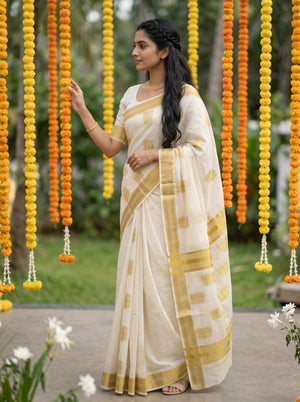 Cotton Off-White Golden Woven Lotus Butti Kerala Saree with Temple Border