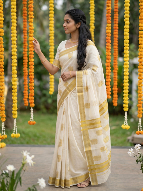 Cotton Off-White Golden Woven Lotus Butti Kerala Saree with Temple Border