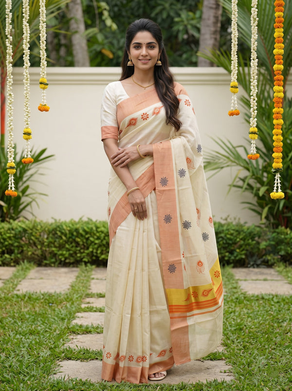Tissue Cream Peacock Feather Print with Peach Border Onam Special Kerala Saree