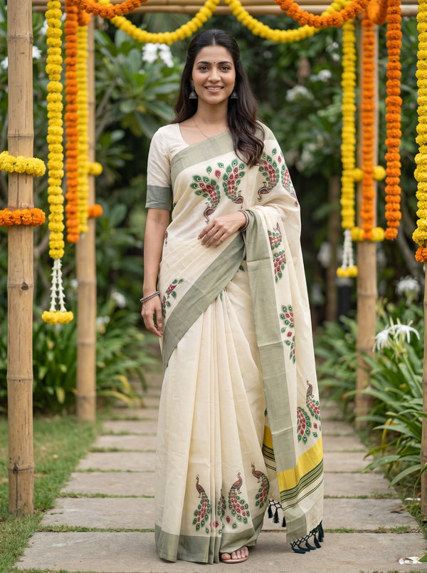 Tissue Cream Green Peacock Print Onam Special Kerala Saree with Sage Border and Tassels