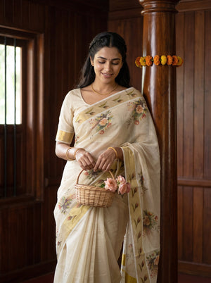 Tissue Cream Rose Bouquet Print Onam Special Kerala Saree with Golden  Border