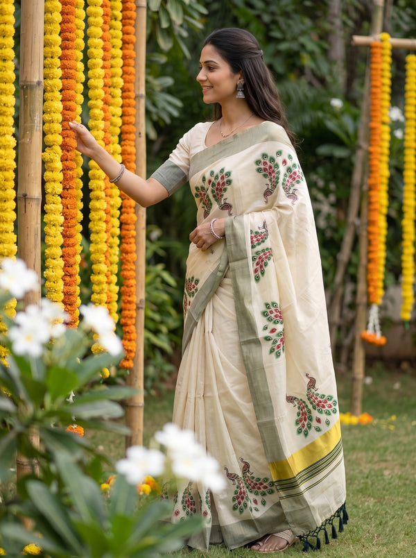 Tissue Cream Green Peacock Print Onam Special Kerala Saree with Sage Border and Tassels