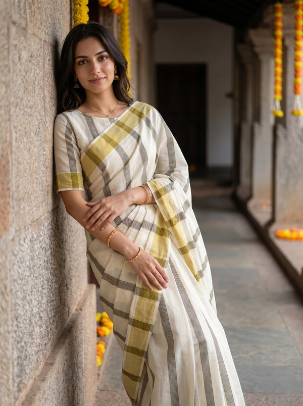 Cotton Cream Golden Black Striped with Checked Border Onam Special Kerala  Saree