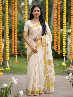 Cotton Off-White Golden Woven Lotus Butti Kerala Saree with Temple Border