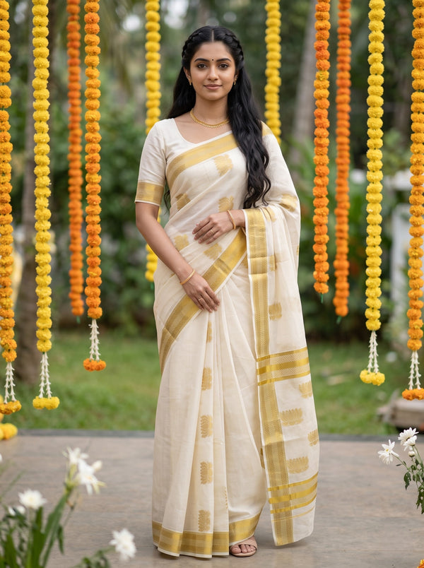 Cotton Off-White Golden Woven Lotus Butti Kerala Saree with Temple Border