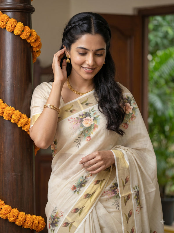 Tissue Cream Rose Bouquet Print Onam Special Kerala Saree with Golden  Border