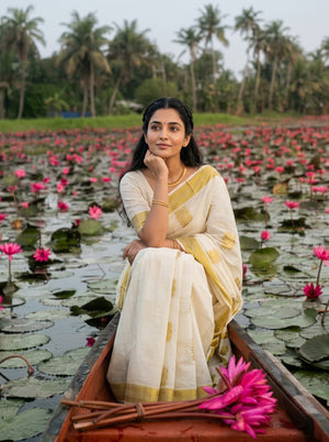 Cotton Off-White Golden Woven Lotus Butti Kerala Saree with Temple Border
