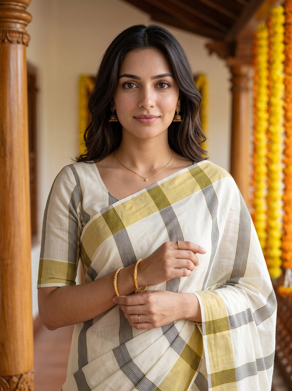 Cotton Cream Golden Black Striped with Checked Border Onam Special Kerala  Saree