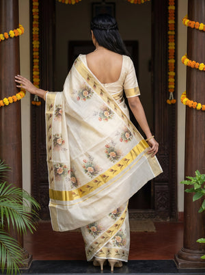 Tissue Cream Rose Bouquet Print Onam Special Kerala Saree with Golden  Border