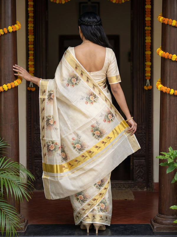 Tissue Cream Rose Bouquet Print Onam Special Kerala Saree with Golden  Border