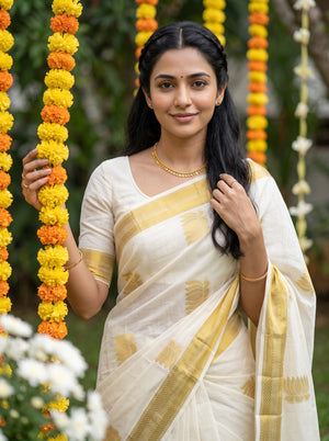 Cotton Off-White Golden Woven Lotus Butti Kerala Saree with Temple Border
