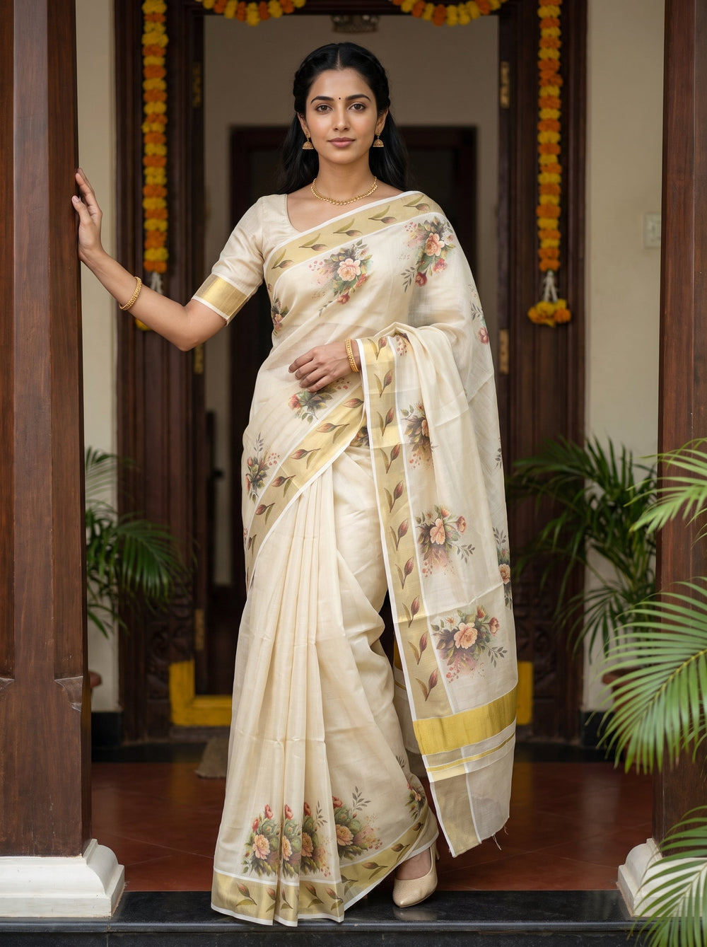 Tissue Cream Rose Bouquet Print Onam Special Kerala Saree with Golden  Border
