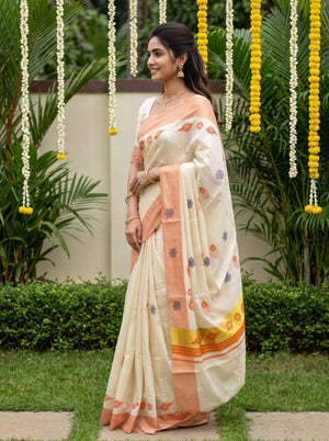 Tissue Cream Peacock Feather Print with Peach Border Onam Special Kerala Saree
