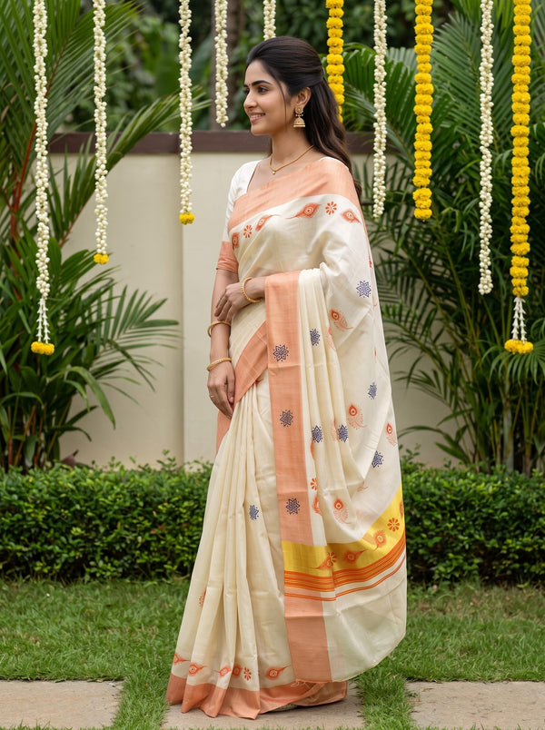 Tissue Cream Peacock Feather Print with Peach Border Onam Special Kerala Saree