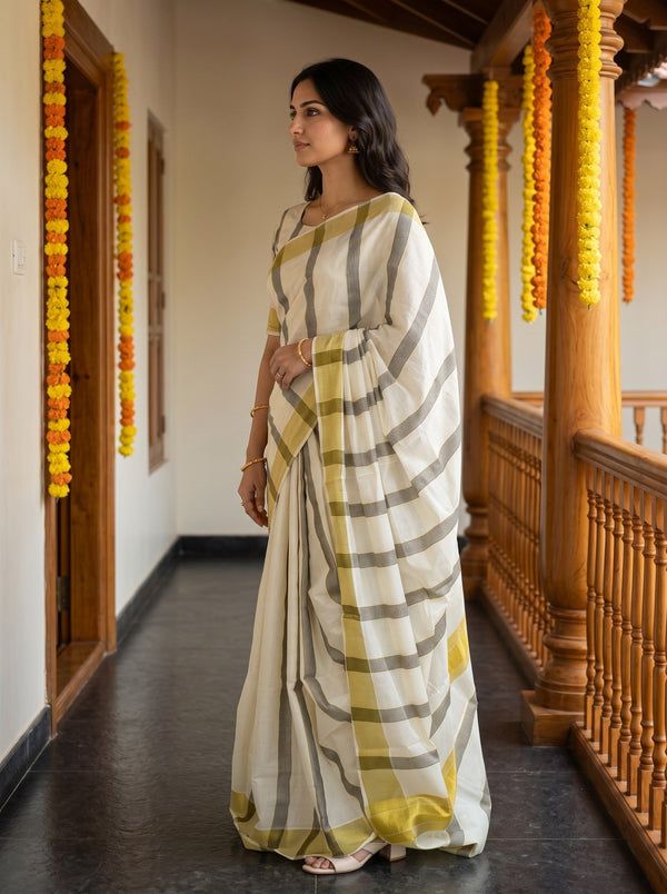 Cotton Cream Golden Black Striped with Checked Border Onam Special Kerala  Saree