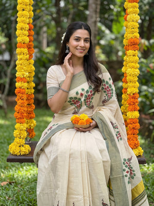 Tissue Cream Green Peacock Print Onam Special Kerala Saree with Sage Border and Tassels