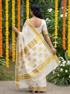 Cotton Off-White Golden Woven Lotus Butti Kerala Saree with Temple Border