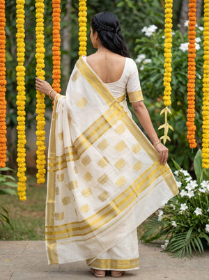 Cotton Off-White Golden Woven Lotus Butti Kerala Saree with Temple Border