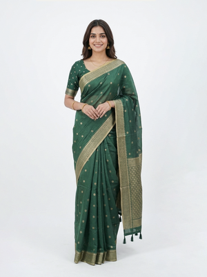 Chanderi Silk Green Zari Butta Border Saree