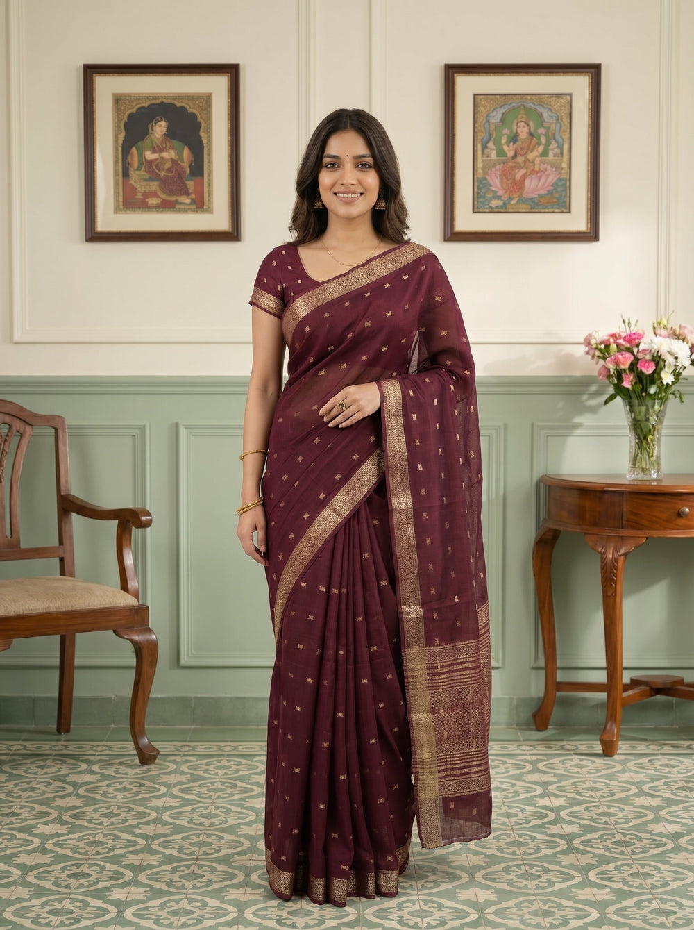 Chanderi Deep Wine Woven Butta Saree