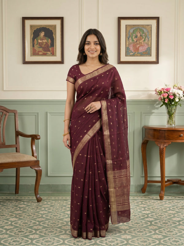 Chanderi Deep Wine Woven Butta Saree