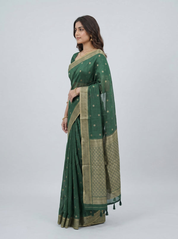 Chanderi Silk Green Zari Butta Border Saree