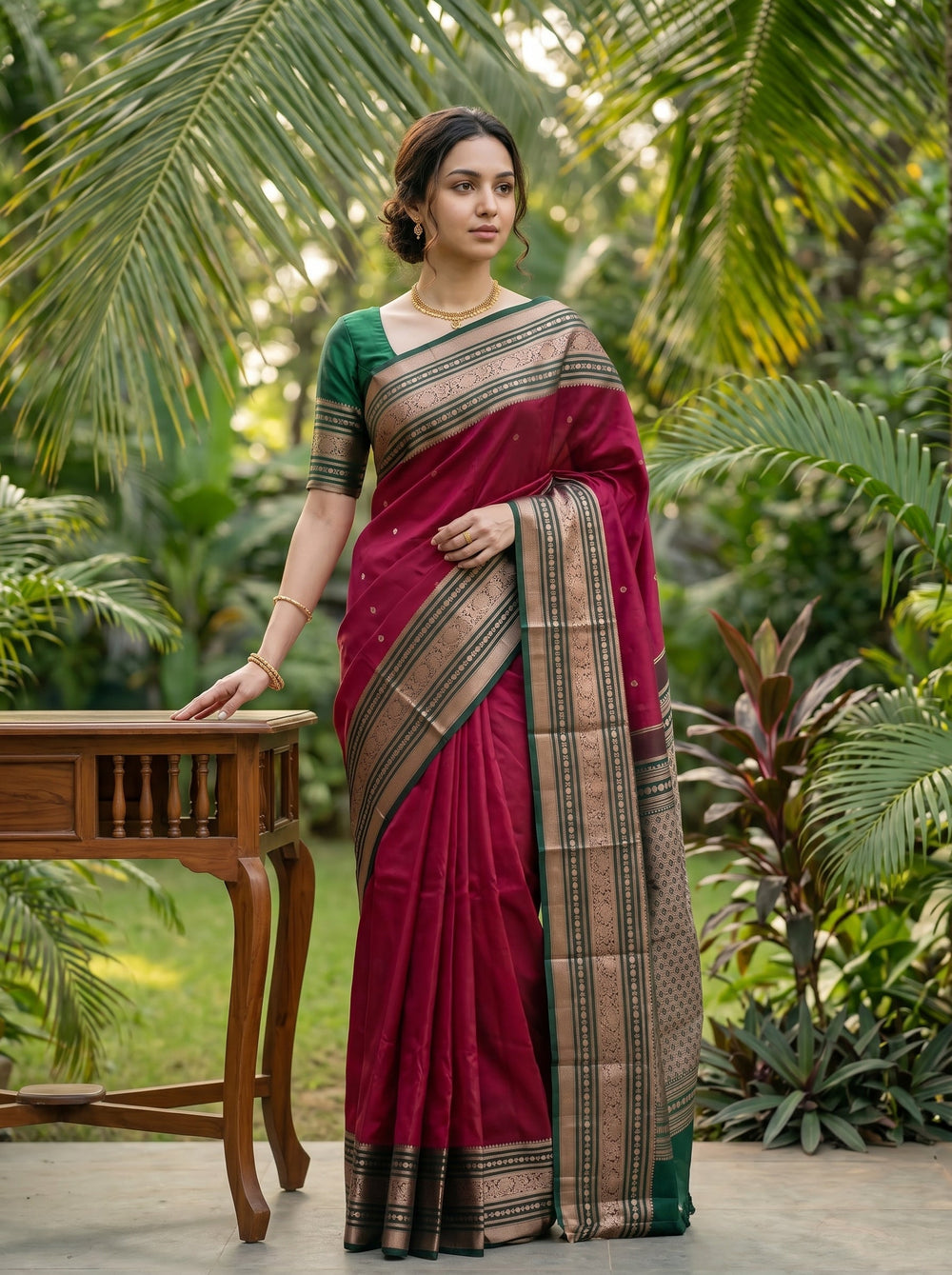 Kanjivaram Silk Rani Pink Saree with Emerald Green Zari Border