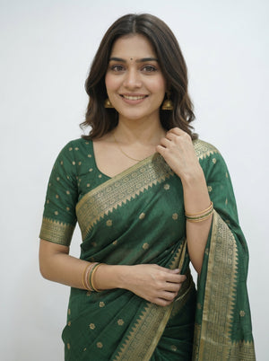 Chanderi Silk Green Zari Butta Border Saree