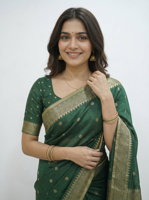 Chanderi Silk Green Zari Butta Border Saree