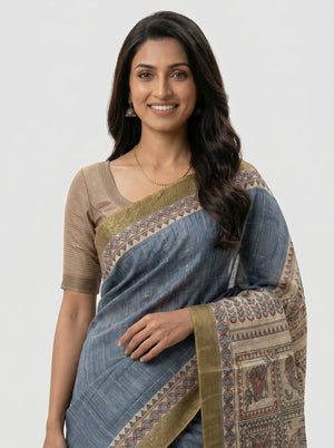Semi Jute Steel Blue Striped Kalamkari Saree