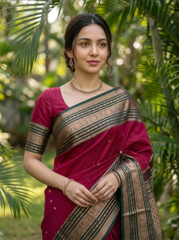 Kanjivaram Silk Rani Pink Saree with Emerald Green Zari Border