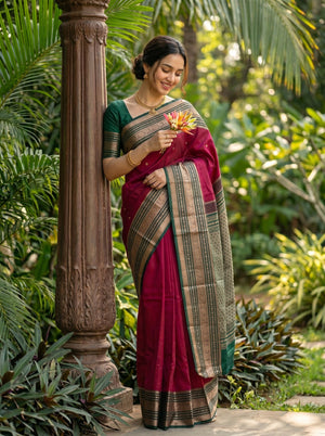 Kanjivaram Silk Rani Pink Saree with Emerald Green Zari Border