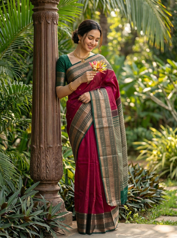 Kanjivaram Silk Rani Pink Saree with Emerald Green Zari Border