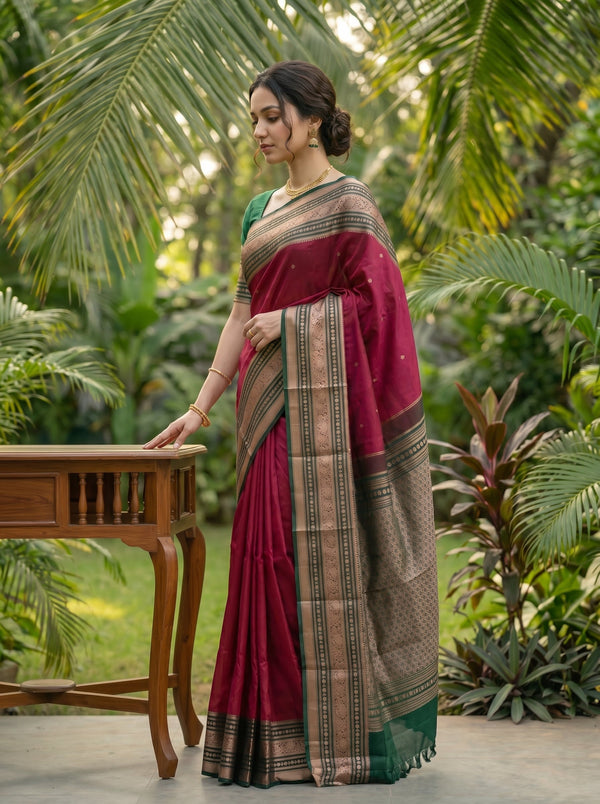 Kanjivaram Silk Rani Pink Saree with Emerald Green Zari Border