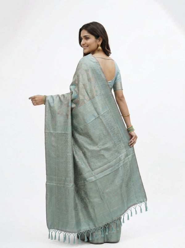 Semi Silk Sage Green Floral Woven Saree