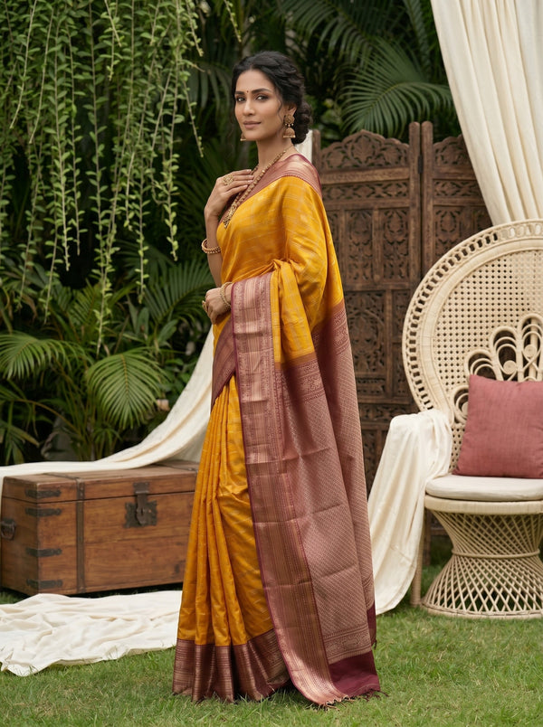 Kanjivaram Silk Mustard Yellow Saree with Checked Woven Pattern