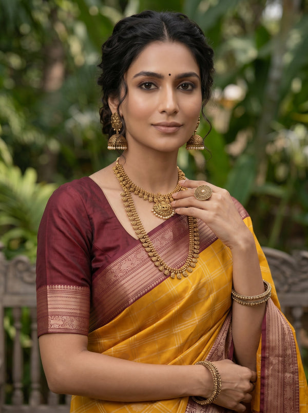 Kanjivaram Silk Mustard Yellow Saree with Checked Woven Pattern