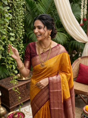 Kanjivaram Silk Mustard Yellow Saree with Checked Woven Pattern