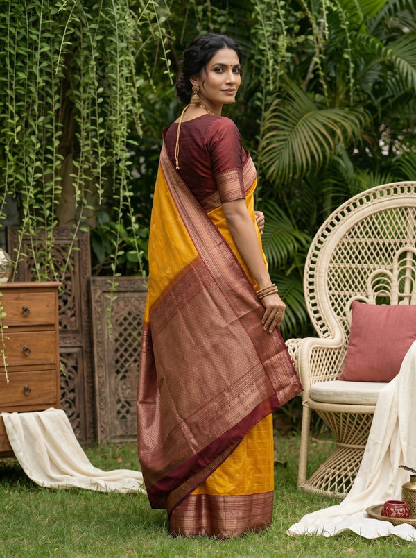 Kanjivaram Silk Mustard Yellow Saree with Checked Woven Pattern