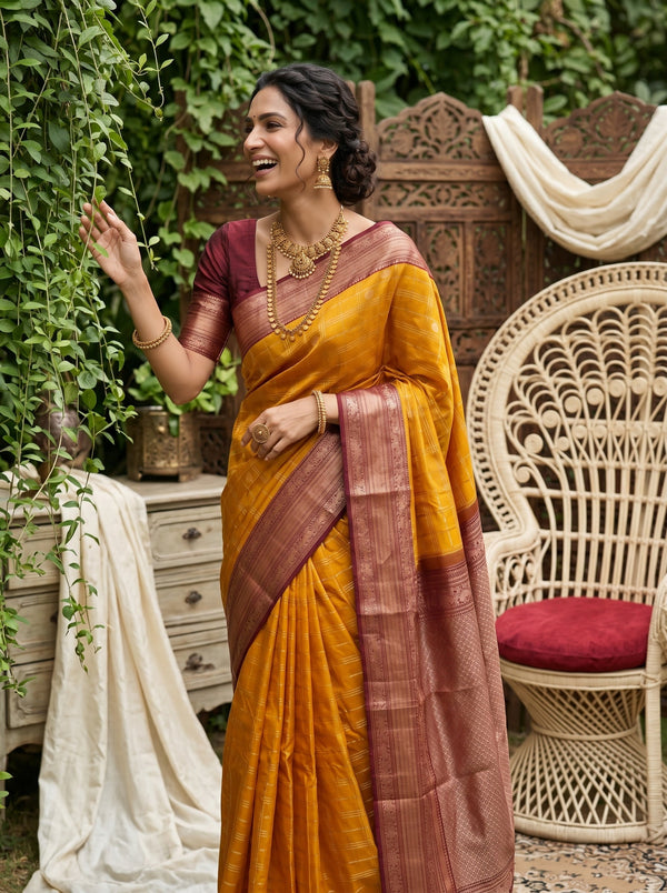 Kanjivaram Silk Mustard Yellow Saree with Checked Woven Pattern