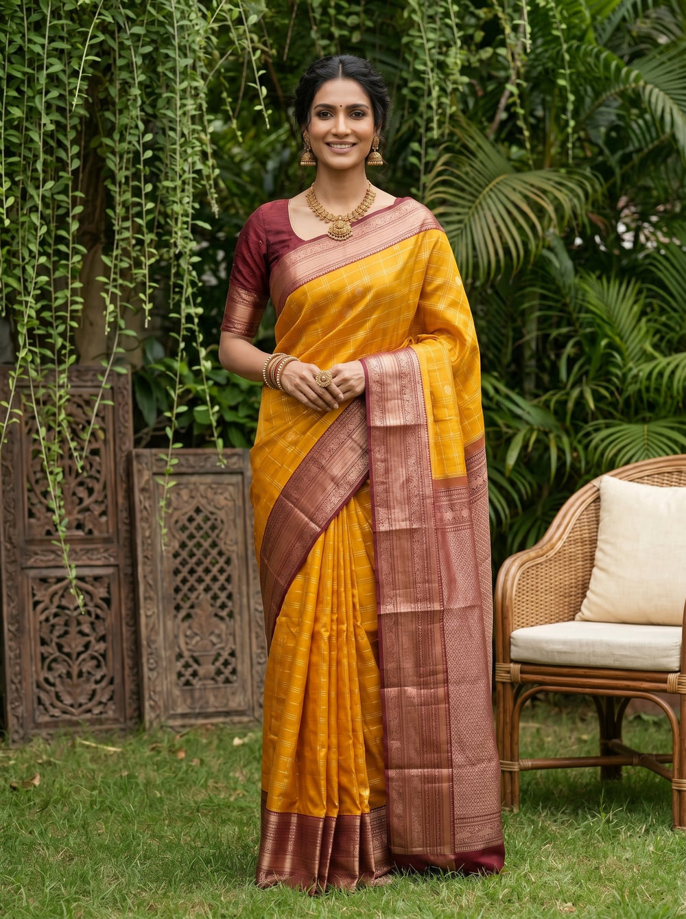 Kanjivaram Silk Mustard Yellow Saree with Checked Woven Pattern