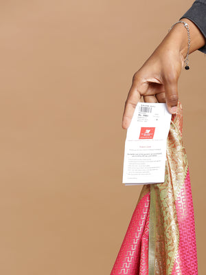 Bright Pink Waved Zari Designed Saree With Olive Green Border
