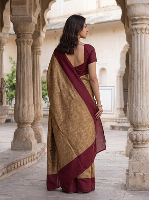 Banarasi Saree in Golden with Maroon Solid Border Design