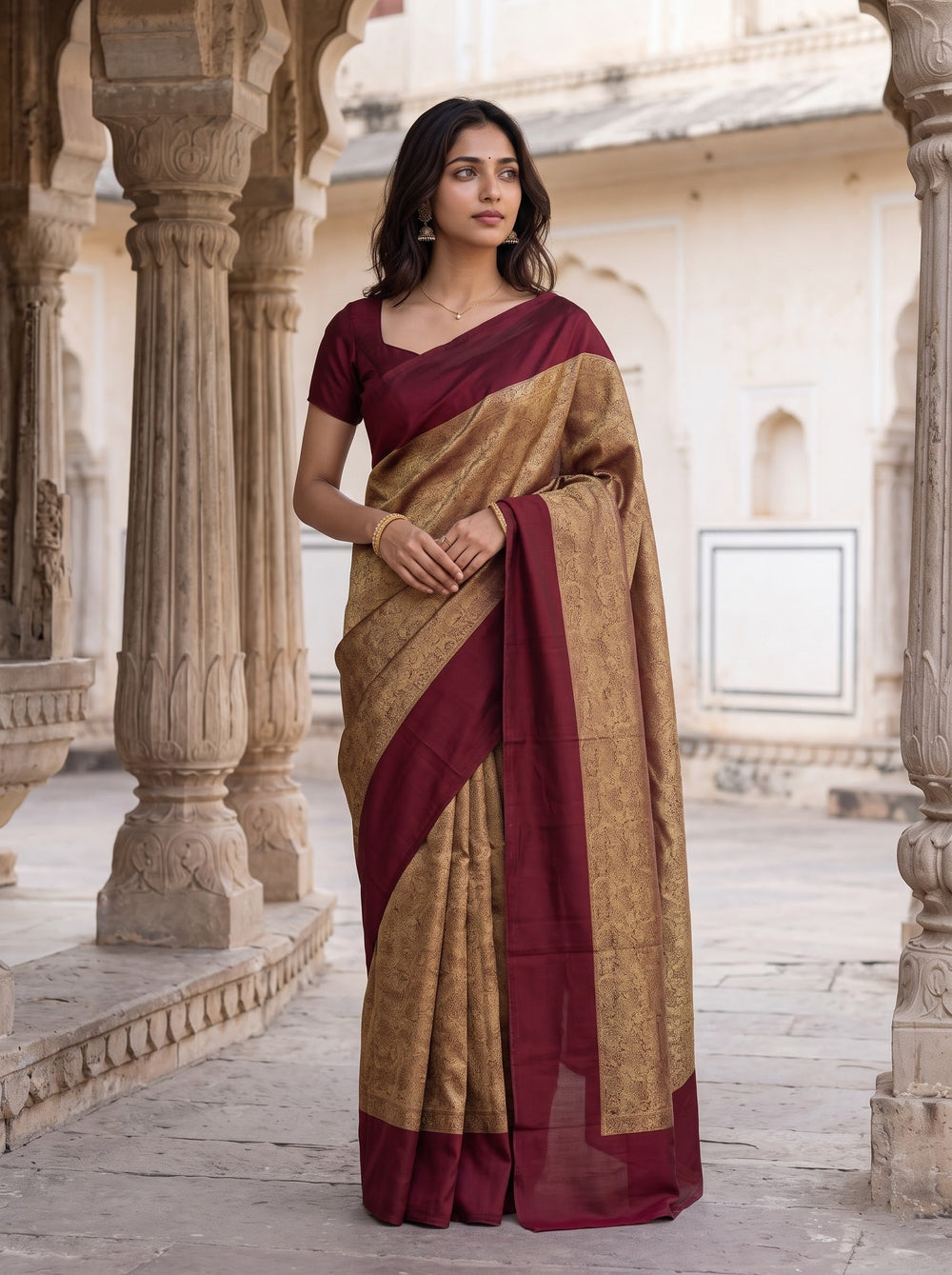 Banarasi Saree in Golden with Maroon Solid Border Design