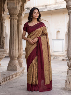 Banarasi Saree in Golden with Maroon Solid Border Design