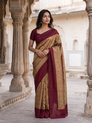 Banarasi Saree in Golden with Maroon Solid Border Design