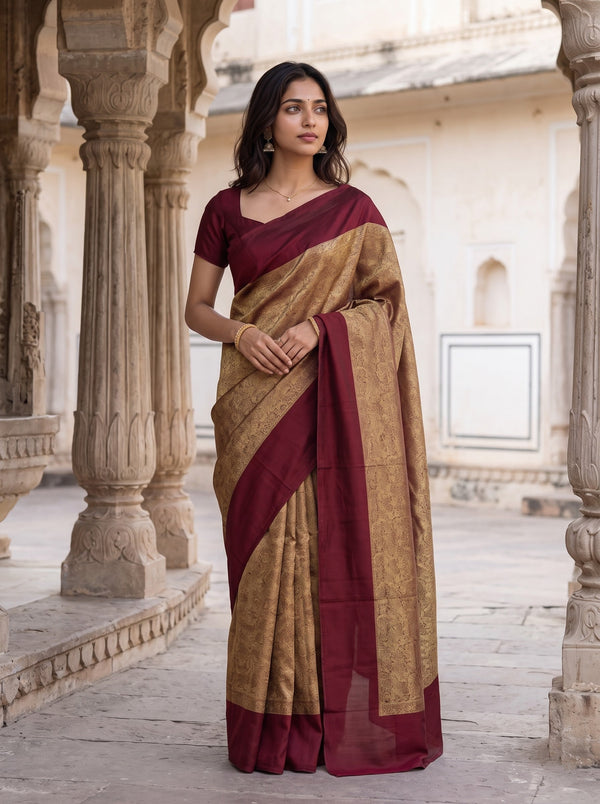 Banarasi Saree in Golden with Maroon Solid Border Design
