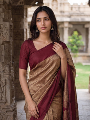 Banarasi Saree in Golden with Maroon Solid Border Design